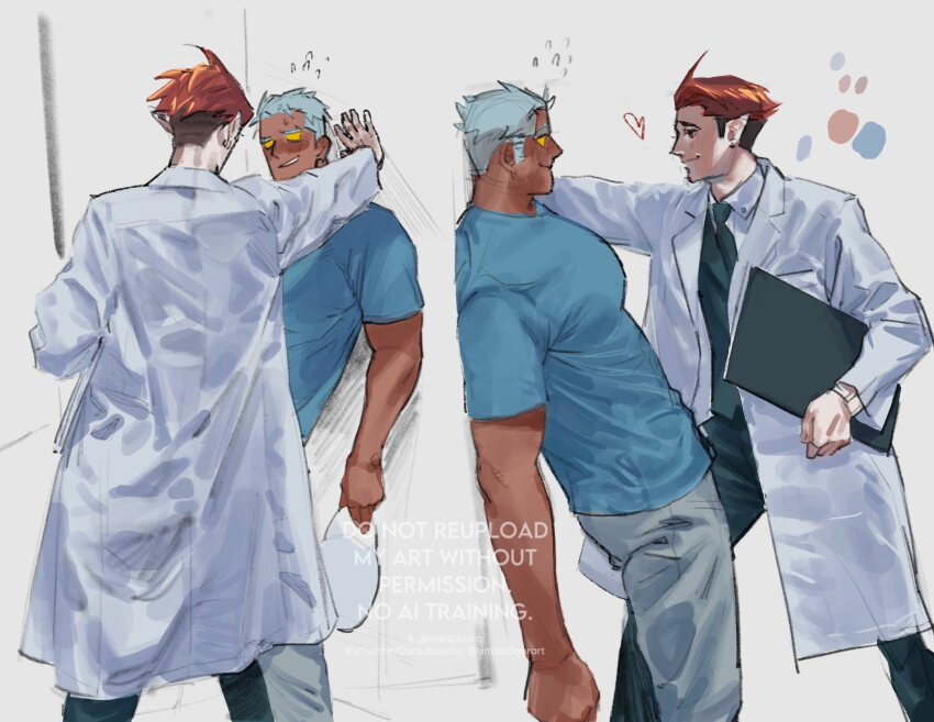 2boys, against_wall, bara, blank_eyes, breakdown_(transformers), brown_hair, colored_sclera, cowboy_shot