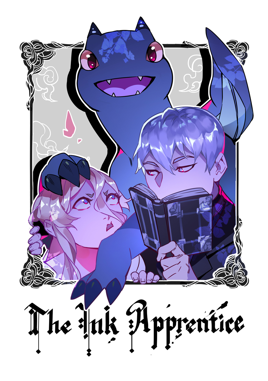 1boy, 1girl, blonde_hair, blue_eyes, blue_hair, book, border, commentary