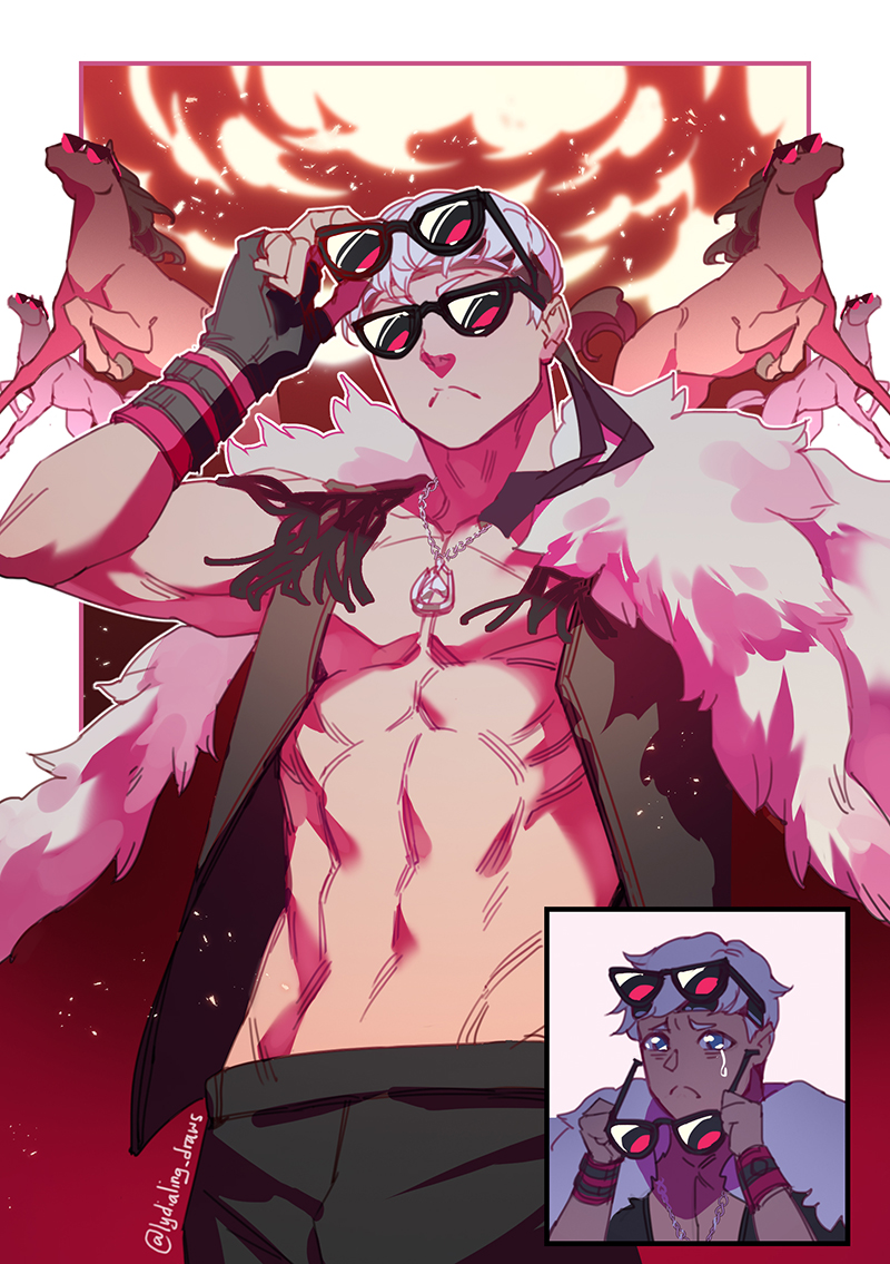 1boy, :<, abs, animal, black_gloves, black_jacket, black_pants, character_request