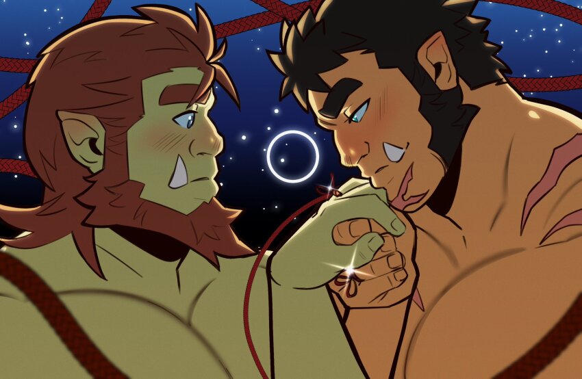 2boys, bara, beard, blush, couple, ear_blush, facial_hair, forked_eyebrows, full_beard, glint, green_eyes, grunt_(onlytusks), highres, kiss, kissing_hand, large_pectorals, male_focus, mature_male, medium_hair, monster_boy, multiple_boys, muscular, muscular_male, mutton_chops, missing_headwear, nude, onlytusks, orc, original, pectorals, pointy_ears, profile, scar, scar_on_chin, scar_on_face, short_hair, string, string_around_finger, string_of_fate, thick_beard, thick_eyebrows, tusks, upper_body, yaoi, zorg_(onlytusks)