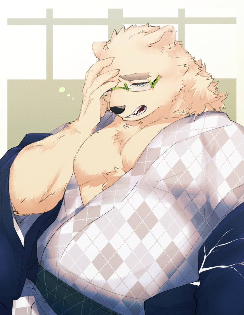 1boy, alternate_costume, animal_ears, bara, bear_boy, bear_ears, bone_color919, chest_tuft