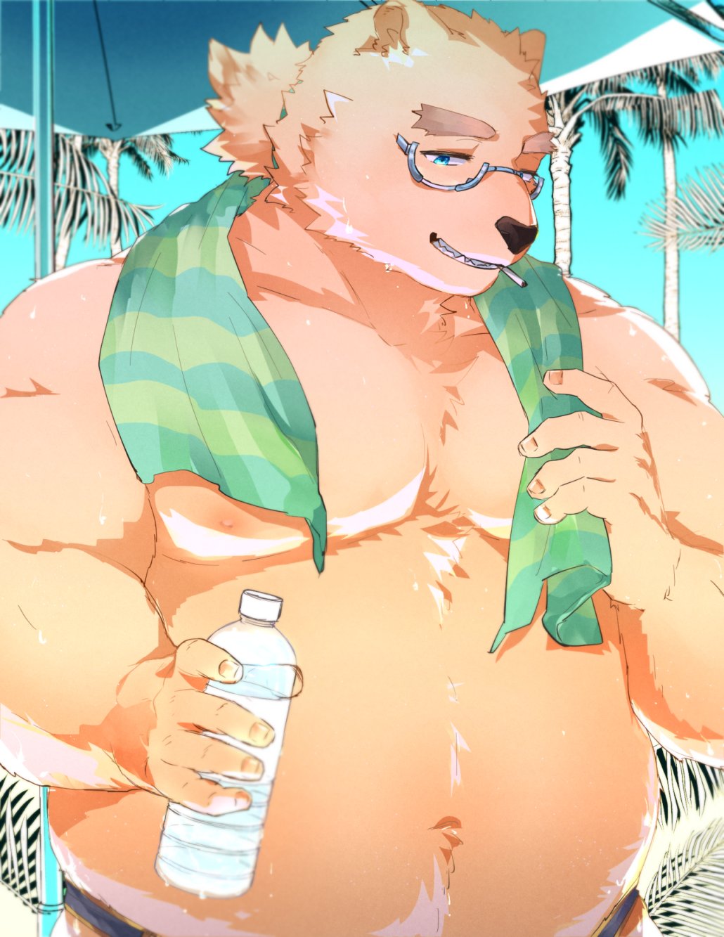 1boy, animal_ears, bara, beach, bear_boy, bear_ears, big_belly, bone_color919