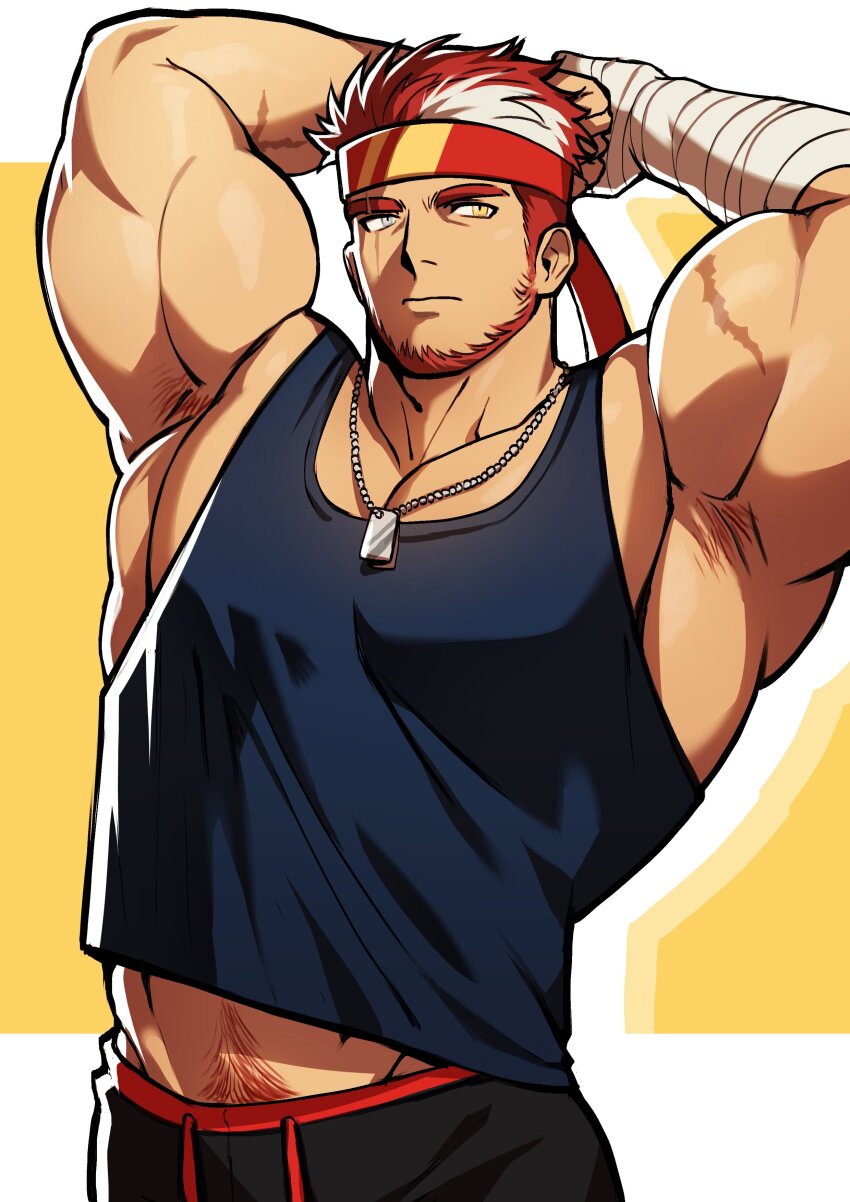 1boy, absurdres, armpit_hair, armpits, arms_up, bandaged_arm, bandages, bara