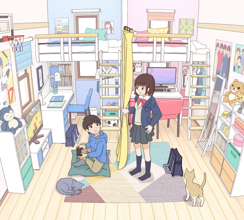 1boy, 1girl, animal, bag, ball, baseball_uniform, basketball_hoop, bed