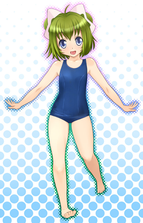 banpresto, blue_eyes, green_hair, katatsuka_kouji, mihiro_ardygun, one-piece_swimsuit, outstretched_arms, school_swimsuit