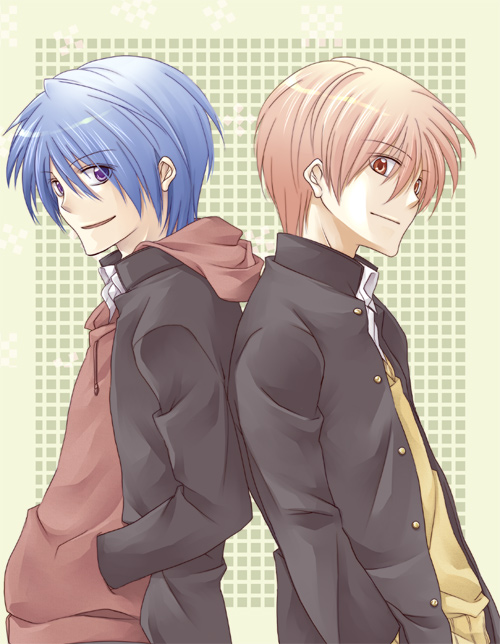 10s, 2boys, angel_beats!, back-to-back, blue_hair, brown_eyes, brown_hair, hinata_hideki, hood, hoodie, male_focus, multiple_boys, otonashi_yuzuru, purple_eyes, school_uniform, short_hair, suma_(jen-ga)