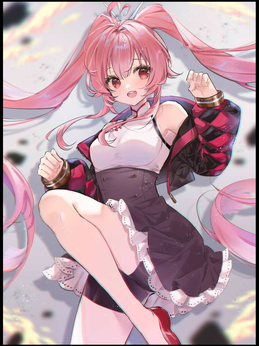 1girl, ahoge, arm_up, bike_shorts, bike_shorts_under_skirt, black_skirt, blush, breasts