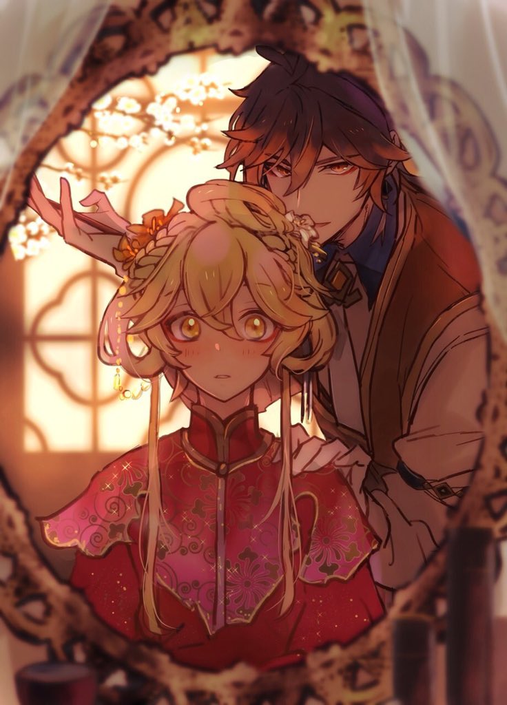 2boys, aether_(genshin_impact), black_hair, blonde_hair, blush, braid, chinese_clothes, commentary_request