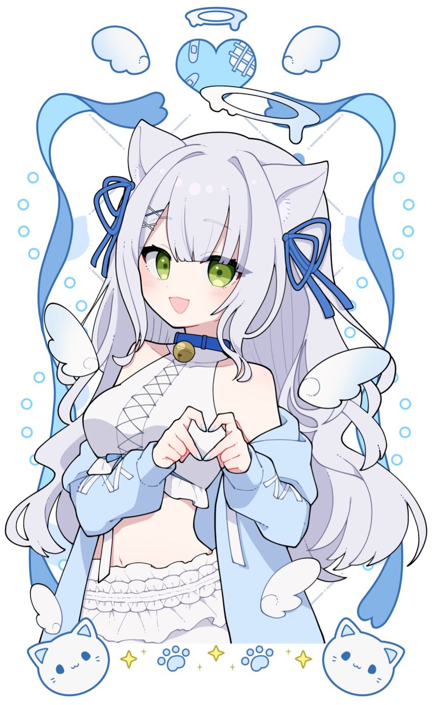 1girl, animal_collar, animal_ears, bare_shoulders, blue_hoodie, blue_nails, blue_ribbon, blunt_bangs