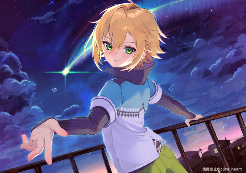 1boy, absurdres, blonde_hair, blue_jacket, closed_mouth, cloud, collarbone, collared_jacket