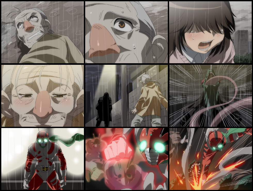 1girl, 2boys, afterimage, anime_screenshot, belt, chameleon, collage, gloves