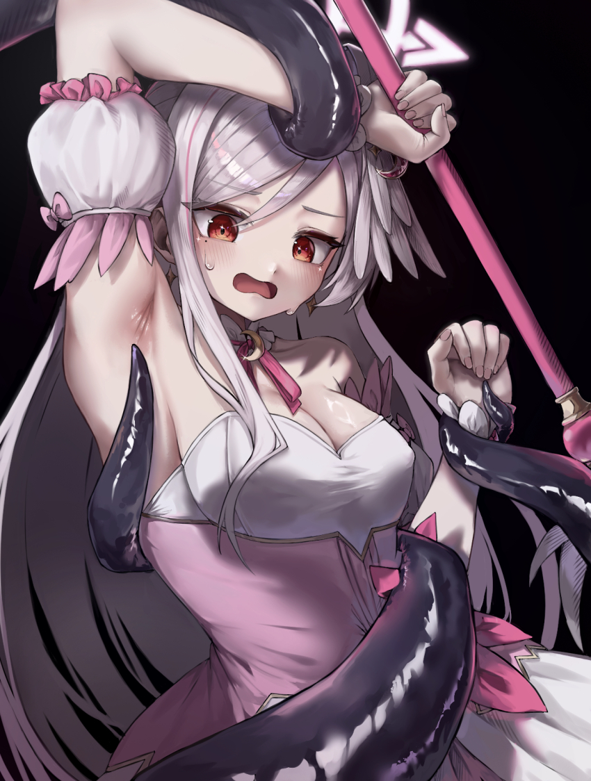 1girl, arm_up, armpits, black_background, blue_archive, blush, bow, breasts