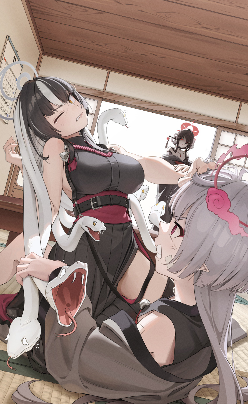 3girls, absurdres, architecture, azami_(blue_archive), black_kimono, blue_archive, commentary, east_asian_architecture