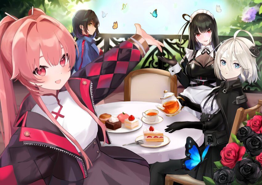 4girls, absurdres, ahoge, arm_up, bandeau, belt, black_belt, black_bodystocking