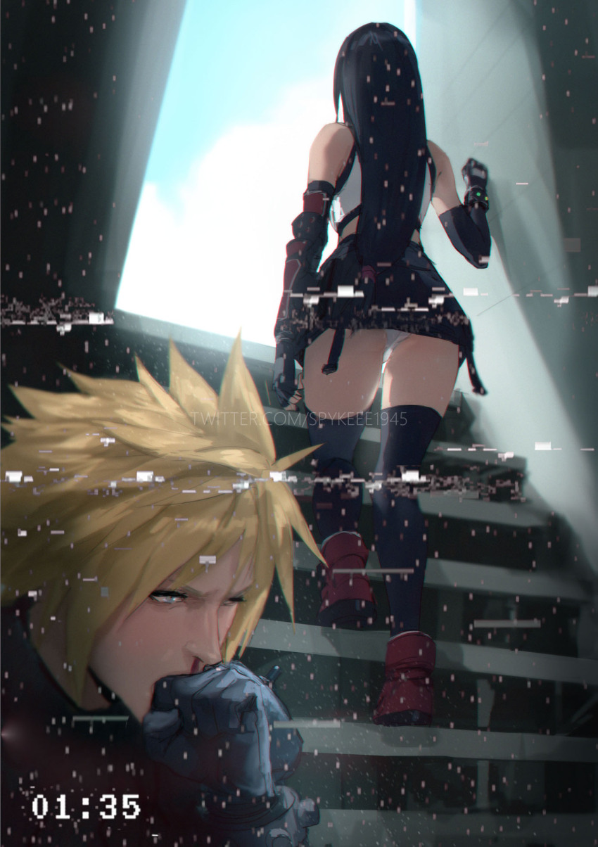 1boy, 1girl, armor, bare_shoulders, black_gloves, black_hair, black_thighhighs, blonde_hair, blood, cloud_strife, commentary, crop_top, elbow_gloves, elbow_pads, english_commentary, final_fantasy, final_fantasy_vii, final_fantasy_vii_remake, from_behind, glitch, glitch_art, gloves, highres, long_hair, low-tied_long_hair, nosebleed, panties, red_shoes, shoes, single_arm_guard, single_elbow_pad, skirt, spiked_hair, spykeee, suspender_skirt, suspenders, tank_top, thighhighs, tifa_lockhart, twitter_username, underwear, white_panties, white_tank_top