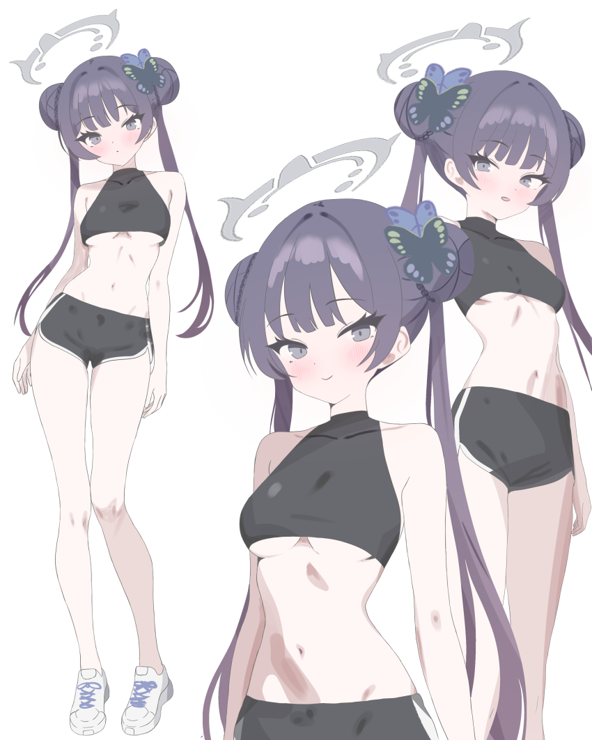 absurdres, alternate_costume, bare_arms, bare_legs, bare_shoulders, black_bra, black_hair, black_shorts, blue_archive, bra, braid, braided_bun, breasts, butterfly_hair_ornament, closed_mouth, collarbone, dolphin_shorts, dot_mouth, dot_nose, double_bun, grey_eyes, grey_halo, gym_shorts, hair_bun, hair_ornament, halo, highres, kisaki_(blue_archive), loli, long_eyelashes, multiple_views, navel, open_mouth, runarie, shirt, shorts, small_breasts, smile, solo, sports_bra, standing, thighs, twintails, underboob, underwear, white_shirt