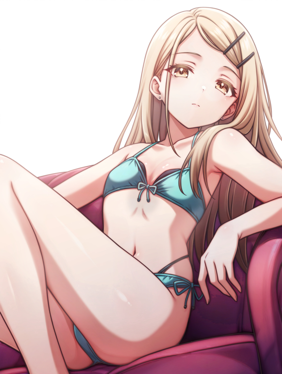 1girl, aqua_bikini, bikini, blonde_hair, breasts, brown_eyes, commentary_request, couch