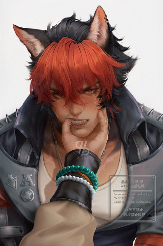 2boys, animal_ears, black_hair, blush, covered_pectorals, dog_boy, dog_ears, finger_to_another's_mouth