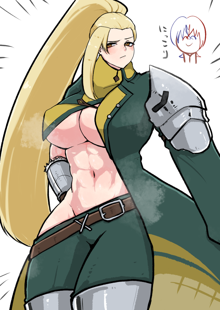 1boy, 1girl, abs, blonde_hair, breasts, chibi, cleavage, covered_erect_nipples, fire_emblem, fire_emblem_engage, frown, hair_slicked_back, high_ponytail, huge_breasts, jade_(fire_emblem), long_hair, looking_at_viewer, male_alear_(fire_emblem), mochiri_8888, navel, nintendo, no_bra, no_panties, ponytail, smile, solo_focus, steaming_body, underboob, very_long_hair, yellow_eyes