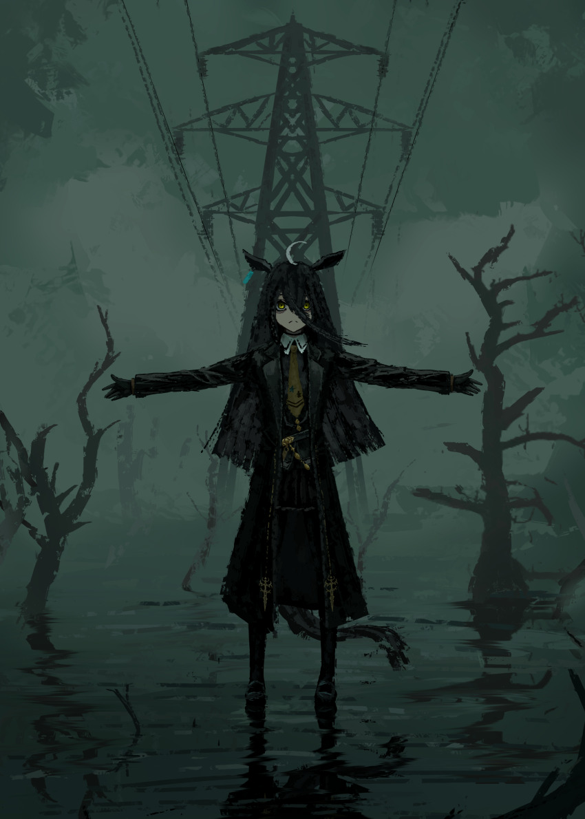 1girl, absurdres, animal_ears, arms_up, bare_tree, belt, black_belt, black_coat