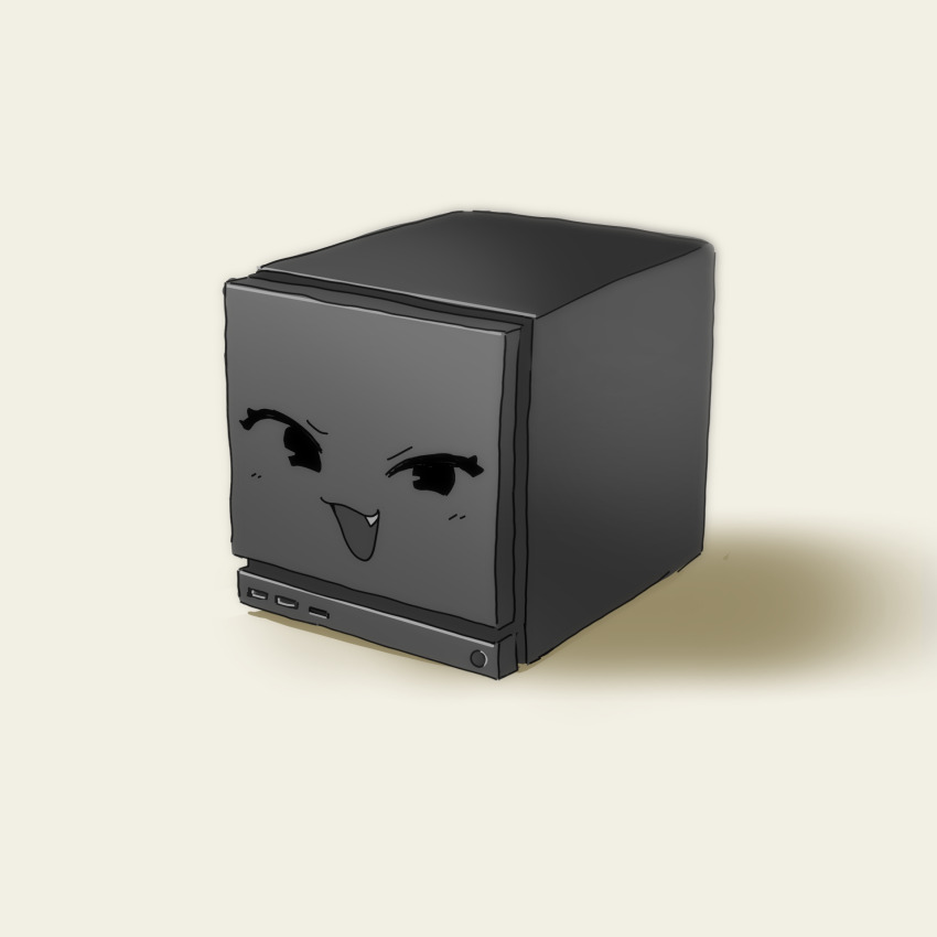 :3, :d, commentary, computer, cube, english_commentary, fang, highres, looking_at_viewer, mesugaki, no_humans, open_mouth, orenjipiiru, push-button, shirt, simple_background, smile, steam_(platform), steam_machine, usb, usb_port_(object), valve_corporation, white_background