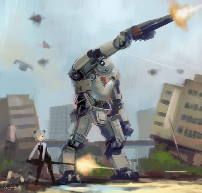 1girl, animal_ears, atlas_(titanfall), building, cat_ears, cat_girl, firing, gun