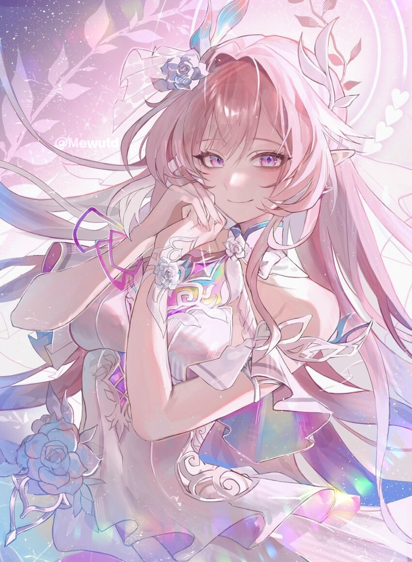 1girl, commentary, cyrene_(honkai:_star_rail), cyrene_(demiurge)_(honkai:_star_rail), diamond-shaped_pupils, diamond_(shape), dress, english_commentary, flower, hair_flower, hair_ornament, highres, honkai:_star_rail, honkai_(series), long_hair, mewutd, pink_hair, pointy_ears, purple_eyes, smile, solo, symbol-shaped_pupils, very_long_hair, white_dress