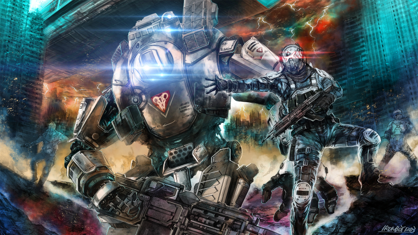 airon_(ironboy1203), assault_rifle, atlas_(titanfall), blue_eyes, building, city, glowing, glowing_eyes