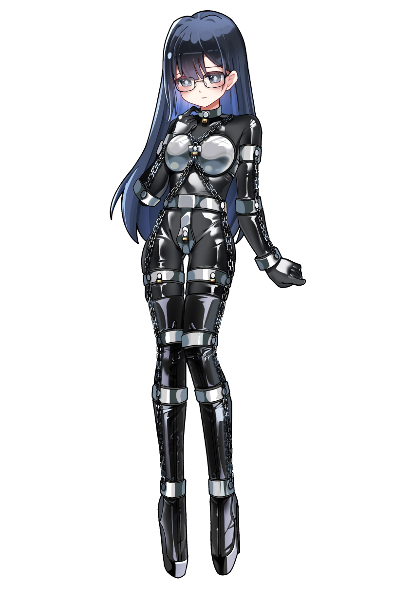 1girl, absurdres, ankle_cuffs, arm_cuffs, ballet_boots, black_bodysuit, black_hair, bodysuit, boots, chain, chastity_belt, chastity_bra, collar, commission, cuffs, dhy-232, full_body, glasses, handcuffs, high_heel_boots, high_heels, highres, latex, latex_bodysuit, lock, long_hair, metal_collar, original, padlock, pigeon-toed, second-party_source, shiny_clothes, solo, standing, thigh_boots, thigh_cuffs, white_background