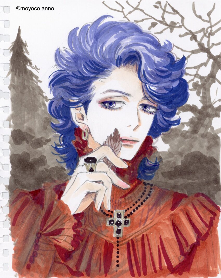 1boy, anno_moyoco, closed_mouth, commentary_request, eyeshadow, frilled_shirt, frills, highres