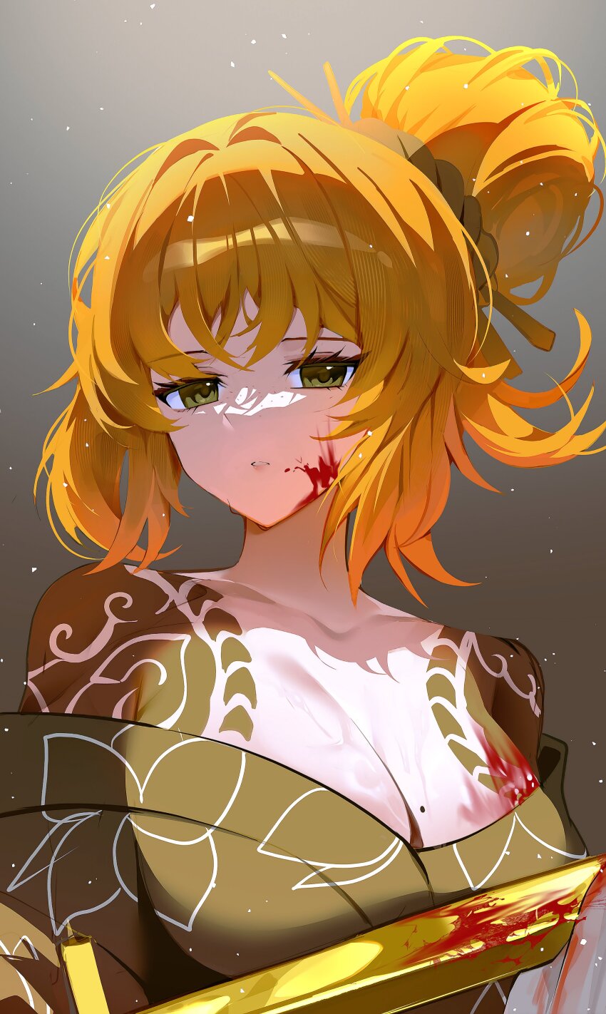 1girl, absurdres, black_kimono, blood, blood_on_breasts, blood_on_face, breasts, cleaning_sword