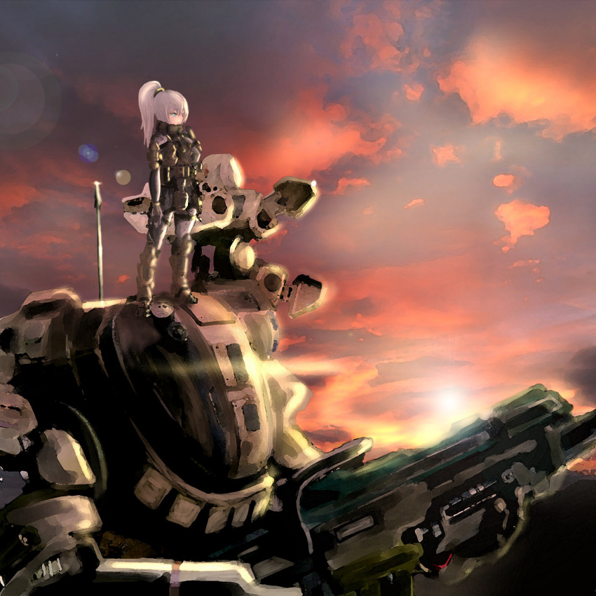 1girl, 40mm_cannon, blue_eyes, gelo_graphic, gun, highres, holding_cannon, humanoid_robot, missile_pod, ogre_(titanfall), on_mecha, original, ponytail, robot, science_fiction, titan_(titanfall), titanfall, titanfall_(series), weapon, white_hair
