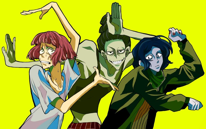 1boy, 2girls, black_coat, black_eyes, black_hair, black_tank_top, blue_skin, bob_cut