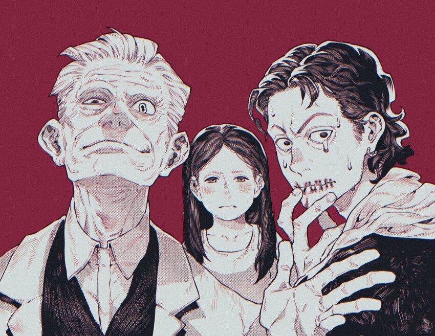 1girl, 2boys, black_hair, black_shirt, black_vest, clothes_lift, collared_shirt, crying