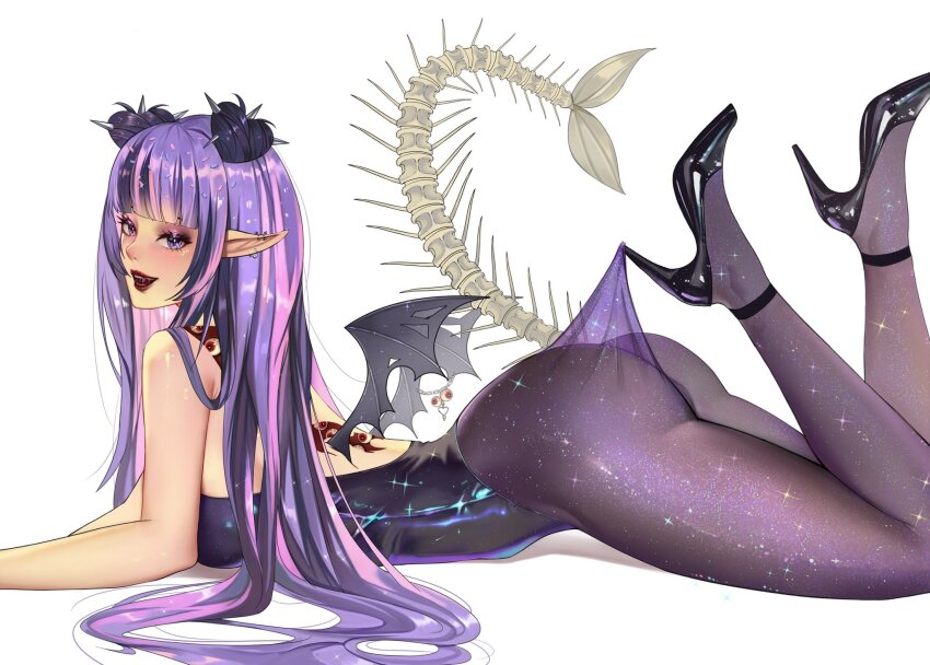 1girl, armpit_crease, artist_request, ass, bare_shoulders, bat_wings, black_leotard, black_shoes