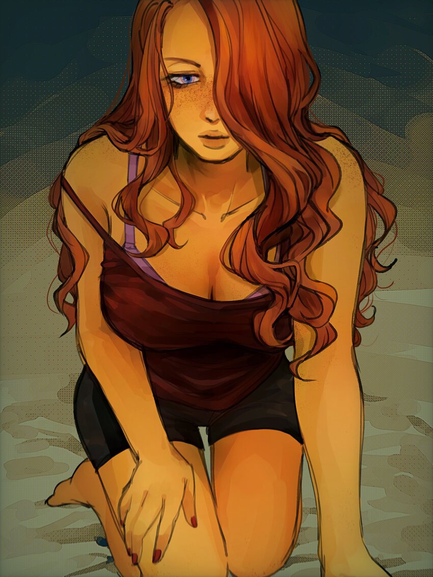 1girl, barefoot, black_shorts, blue_eyes, bra_strap, breasts, cleavage, freckles, hair_over_one_eye, hashtag-only_commentary, highres, large_breasts, long_hair, looking_at_viewer, necochan100, no_i'm_not_a_human, on_bed, orange_hair, parted_lips, red_nails, red_shirt, seductive_woman_(no_i'm_not_a_human), shirt, shorts, sleeveless, sleeveless_shirt