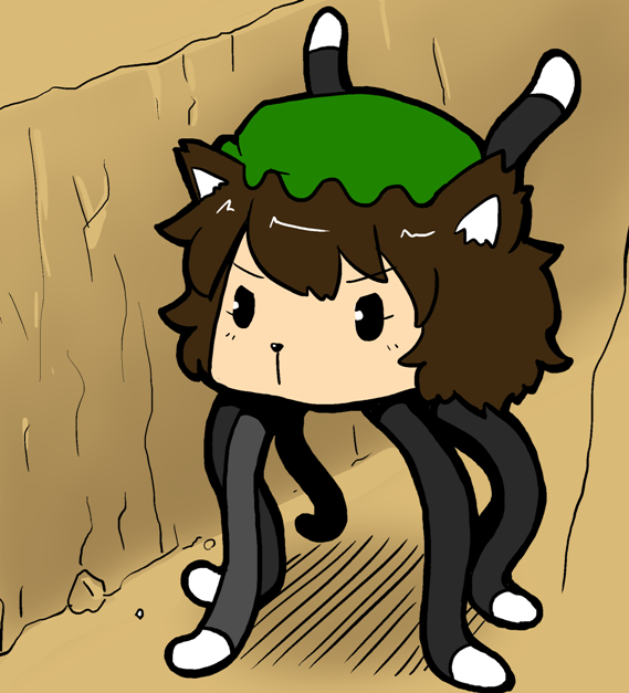 1girl, animal_ears, black_eyes, brown_hair, canyon, capcom, cat_ears, cat_girl, cat_tail, chen, creature, desert, female_focus, fusion, hat, monster, monster_hunter_(series), multiple_tails, parody, pun, shen_gaoren, sho_(pixiv), sho_(shirojiro_kuroguro), solo, tail, touhou, what