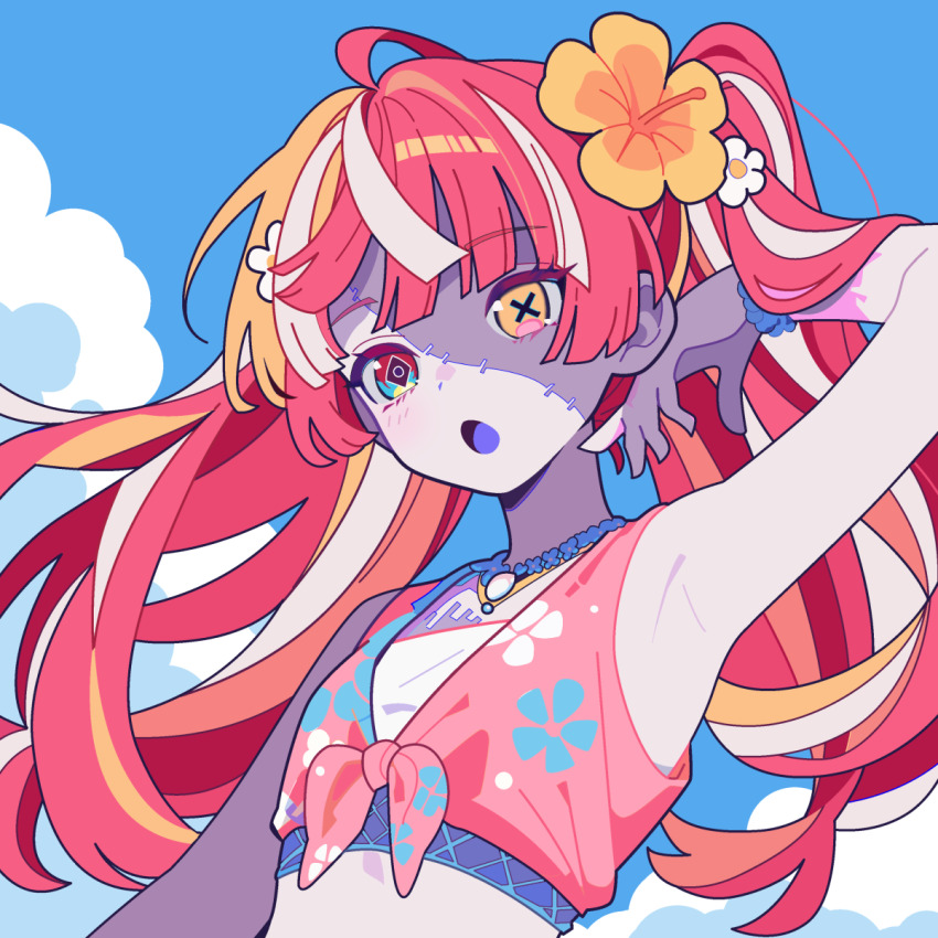 1girl, :o, arm_up, armpits, blonde_hair, blue_sky, blush, cloud, colored_skin, commentary, day, eyelashes, floral_print, flower, grey_skin, hair_flower, hair_ornament, hand_in_own_hair, heterochromia, highres, hololive, hololive_indonesia, holonatsu_paradise, kerinaharaini, kureiji_ollie, long_hair, mismatched_pupils, multicolored_hair, multicolored_skin, open_mouth, outdoors, red_hair, scrunchie, sky, solo, stitched_face, stitches, two-tone_skin, upper_body, virtual_youtuber, white_flower, white_hair, wrist_scrunchie, yellow_flower, zombie