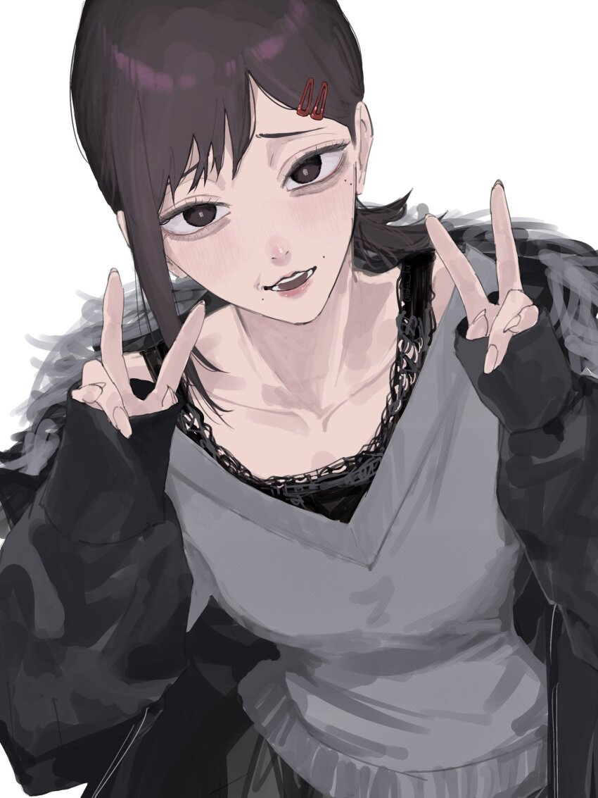 1girl, black_coat, brown_eyes, brown_hair, chainsaw_man, coat, double_v, grey_sweater, higashiyama_kobeni, highres, kohaa_ku, mole, mole_under_eye, mole_under_mouth, multiple_moles, ponytail, short_ponytail, simple_background, single_sidelock, solo, sweater, v, v-neck, white_background