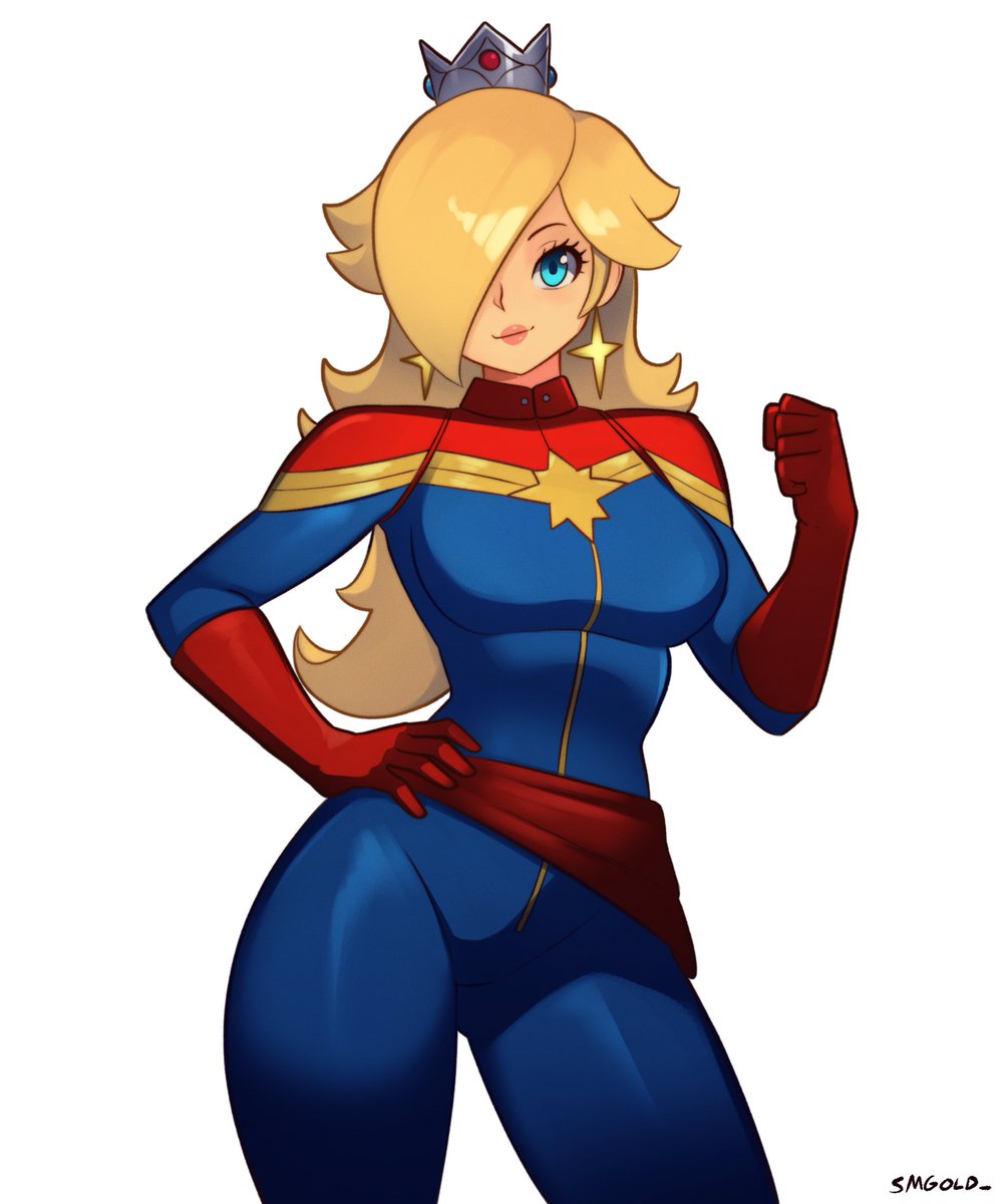 1girl, artist_name, blonde_hair, blue_bodysuit, blue_eyes, bodysuit, breasts, brie_larson