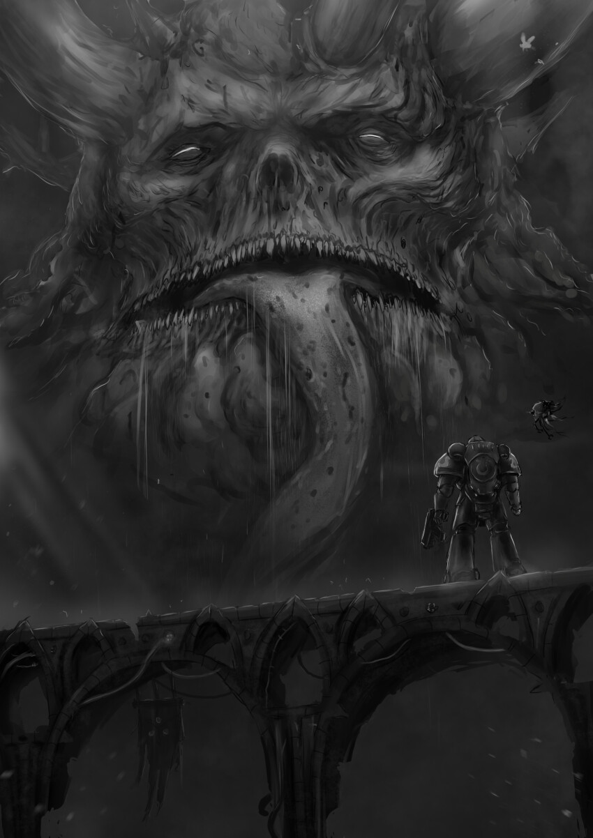 1boy, 1other, abezver, absurdres, adeptus_astartes, armor, banner, bolter, bridge, bug, chaos_(warhammer), commentary, demon, demon_horns, drooling, eldritch_abomination, english_commentary, fly, full_armor, gauntlets, giant, giant_monster, glowing, glowing_eyes, great_unclean_one, greyscale, gun, highres, holding, holding_gun, holding_weapon, horns, imperium_of_man, insect, long_tongue, male_focus, monochrome, monster, mouth_drool, multiple_horns, open_mouth, pauldrons, power_armor, power_suit, saliva, science_fiction, servo-skull, sharp_teeth, shoulder_armor, space_marine, teeth, tongue, tongue_out, ultramarines, warhammer_40k, weapon