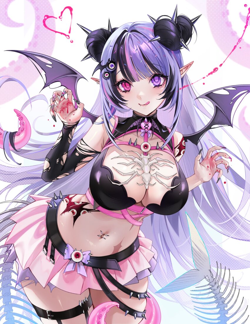 1girl, bat_wings, black_bra, black_nails, black_streaks, blood, blood_on_hands, bra