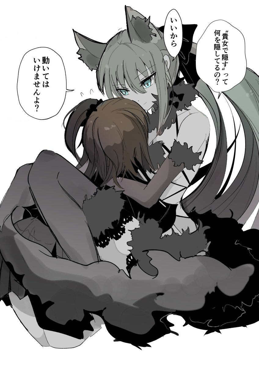 2girls, animal_ears, black_bow, blue_eyes, bow, braid, cat_ears, cosplay