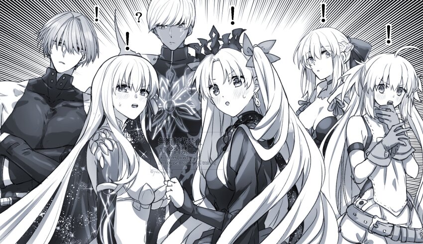 2boys, 5girls, artoria_caster_(fate), artoria_caster_(first_ascension)_(fate), artoria_pendragon_(fate), black_bow, bow, braid