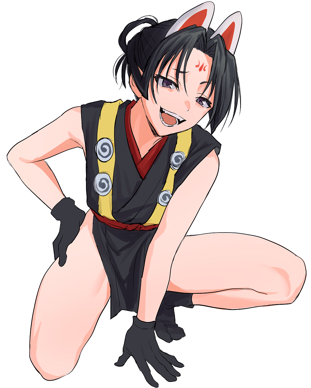 1boy, animal_ears, bare_legs, black_gloves, black_hair, disguise, gloves, hair_tied_back