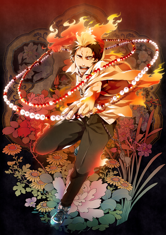 1boy, ao_no_exorcist, bad_id, bad_pixiv_id, beads, fire, flower, male_focus
