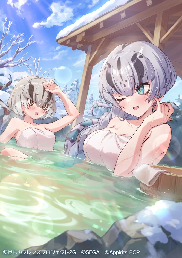 2girls, :3, bare_shoulders, black_hair, blue_eyes, blush, boa_constrictor_(kemono_friends), eyeliner