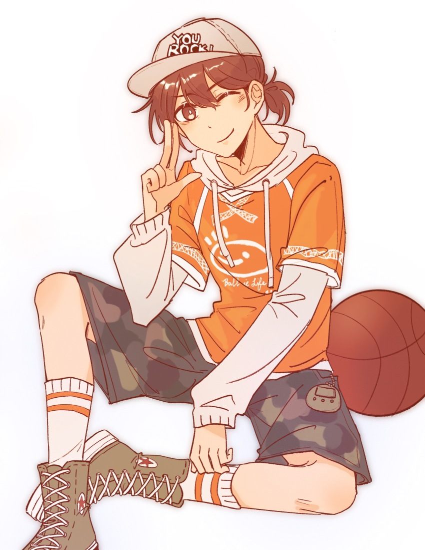 1boy, ;), alternate_eye_color, baseball_cap, blush, bright_pupils, brown_eyes, brown_hair