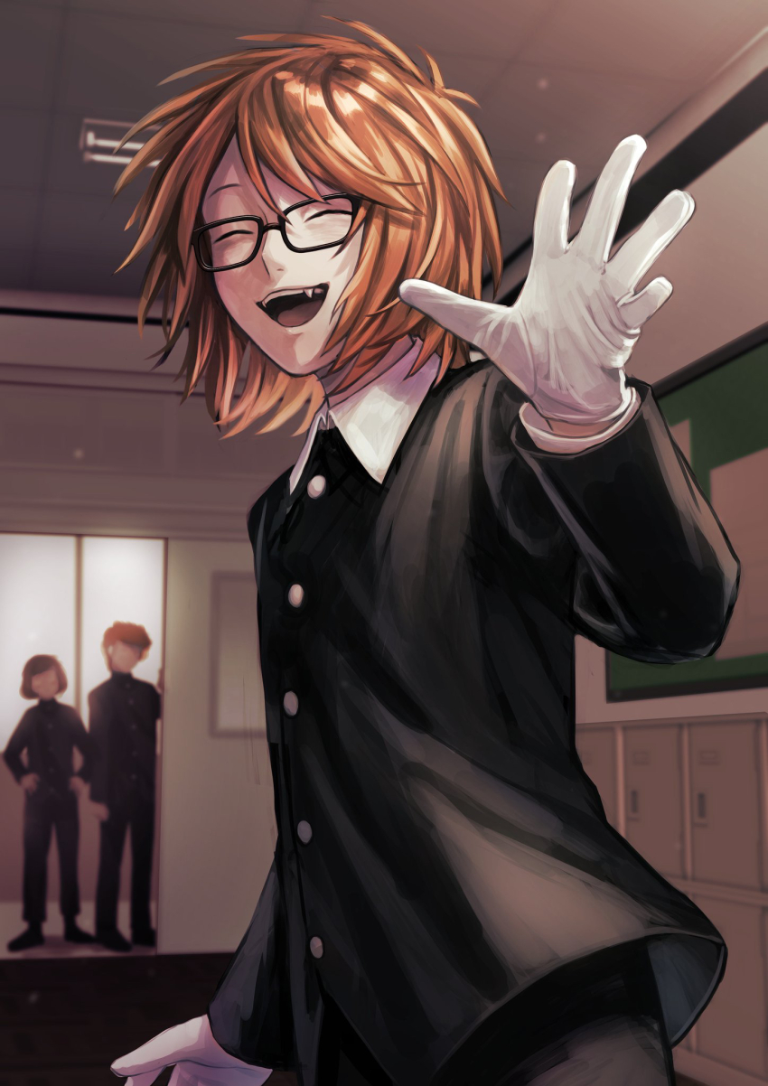 3boys, black_jacket, classroom, closed_eyes, commentary_request, dream_luther, fang, glasses, gloves, hand_up, highres, indoors, jacket, luther_von_ivory, male_focus, multiple_boys, nil_(pixiv_53614557), orange_hair, randal's_friends, randal_ivory, sebastian_de_tomato_smith_chicken_legs, short_hair, standing, white_gloves