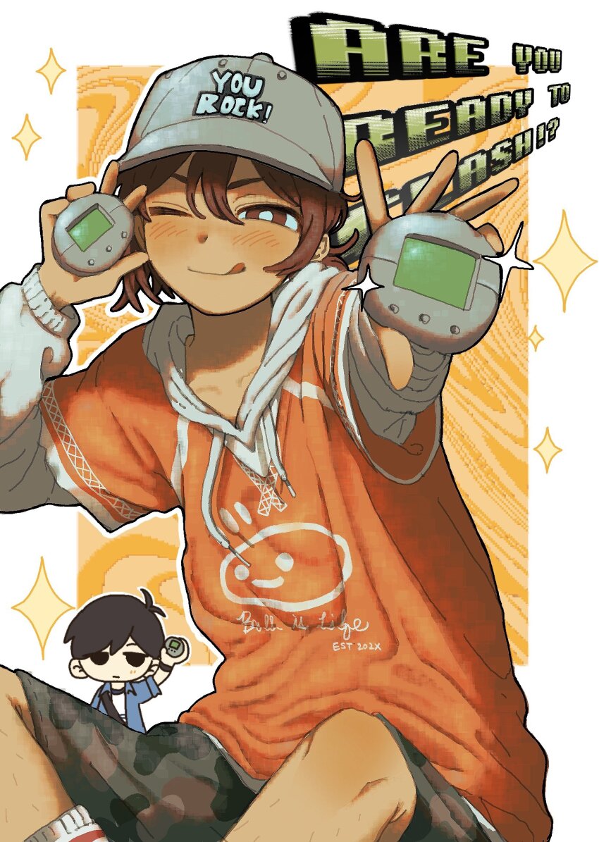 2boys, ;q, abstract_background, baseball_cap, black_eyes, black_hair, black_shorts, blue_jacket, border, bright_pupils, brown_eyes, brown_hair, camouflage, camouflage_shorts, closed_mouth, clothes_writing, collarbone, collared_jacket, dark-skinned_male, dark_skin, double-parted_bangs, drawstring, english_text, feet_out_of_frame, foreshortening, grey_hat, hair_between_eyes, hands_up, hashtag-only_commentary, hat, hector_(omori), highres, holding, holding_toy, hood, hood_down, hoodie, jacket, kel_(birthday)_(omori), kel_(faraway)_(omori), kel_(omori), kneehighs, layered_sleeves, leg_hair, long_sleeves, looking_at_viewer, male_focus, multiple_boys, official_alternate_costume, official_alternate_hairstyle, omori, one_eye_closed, open_clothes, open_jacket, orange_background, orange_shirt, outline, outside_border, puffy_long_sleeves, puffy_sleeves, shirt, short-sleeved_jacket, short_over_long_sleeves, short_sleeves, shorts, simple_background, sitting, socks, solo_focus, sparkle, sunny_(birthday)_(omori), sunny_(omori), tate_ware_anal, tongue, tongue_out, toy, v-shaped_eyebrows, w, white_border, white_hoodie, white_outline, white_pupils, white_shirt, white_socks